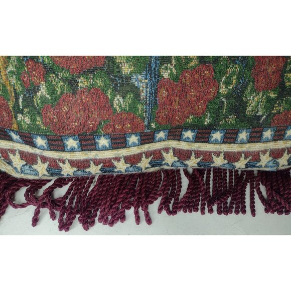 Vtg Tapestry Birdhouse Throw Pillow 16 x 16 Cord Fringe Flag Patriotic Americana - Picture 2 of 4